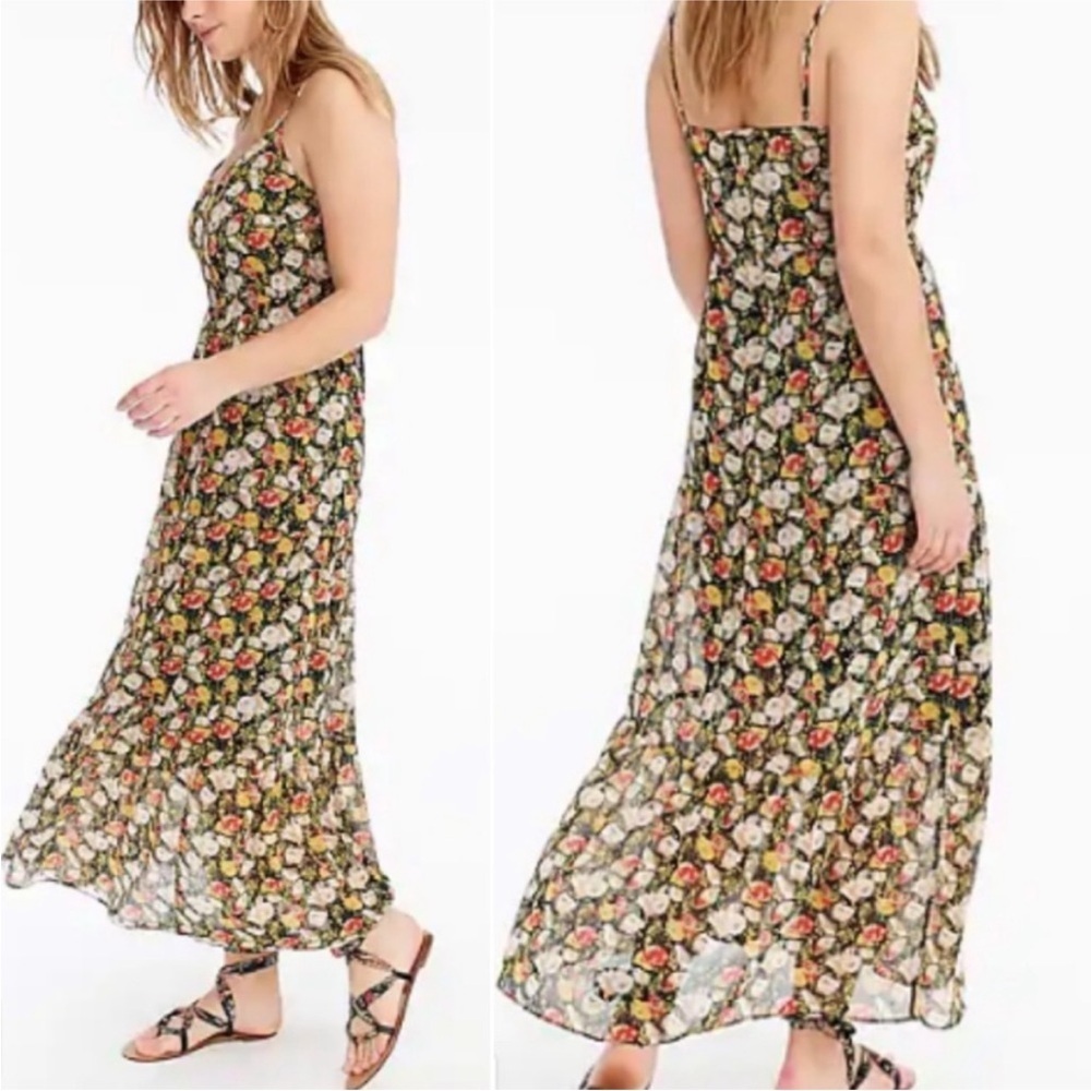 J. Crew Floral Maxi Dress in Black with Pink, Yellow and Cream Flowers